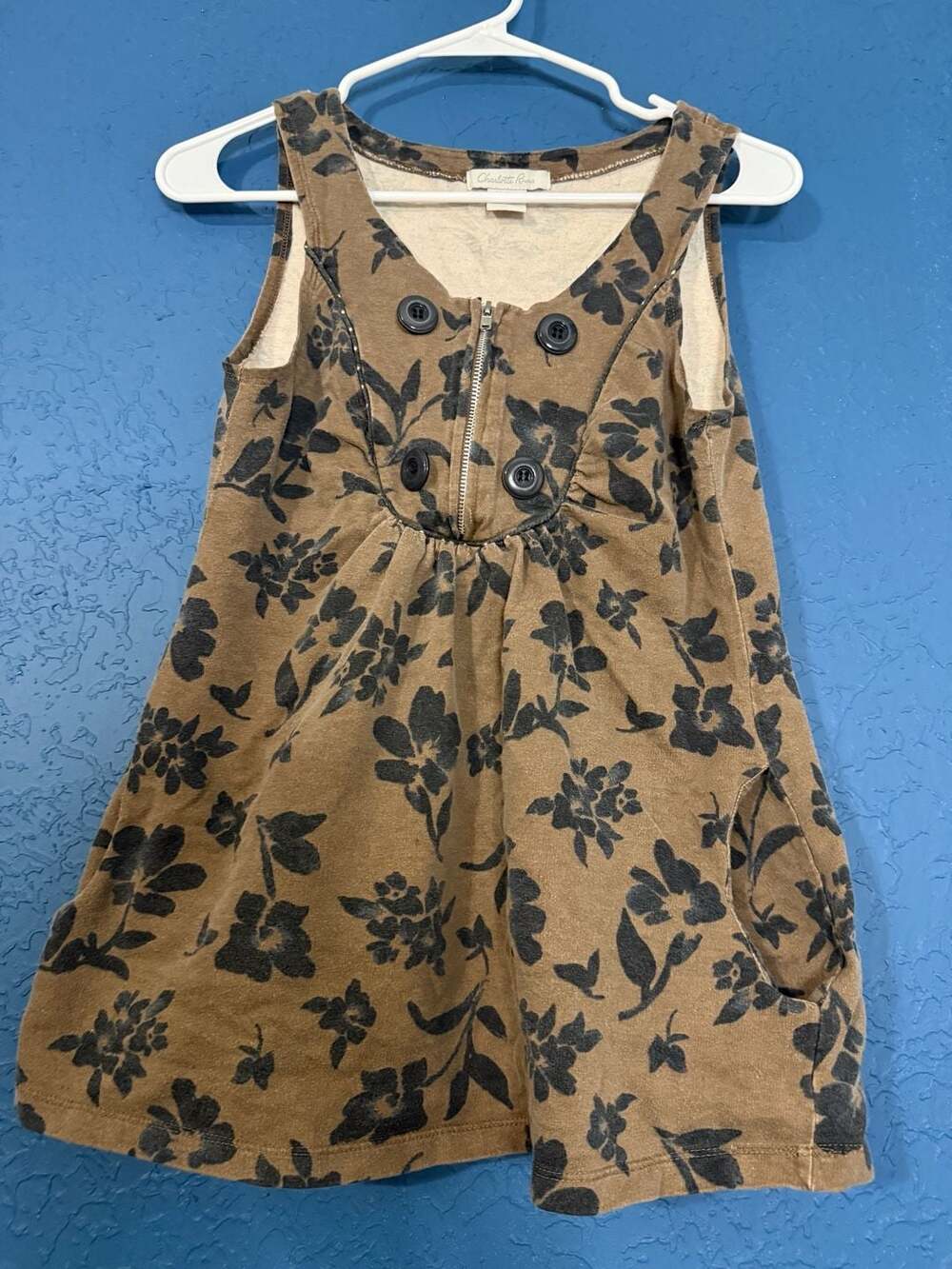 Charlotte Russe Floral Babydoll Tunic Top Medium Brown Black Zip Front Y2K